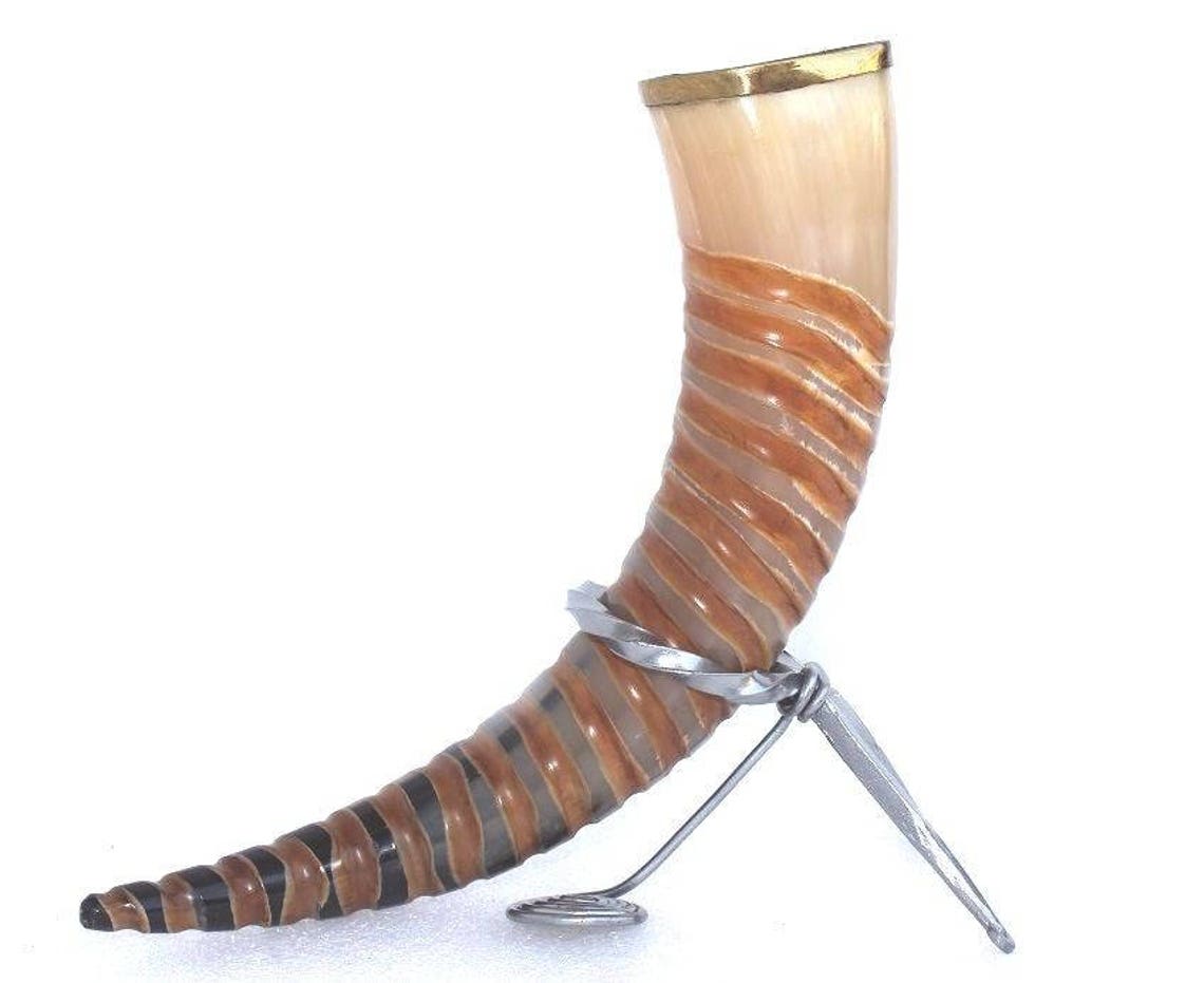 Carved Viking Drinking Horn With Hand Metal Stand for Beer Wine