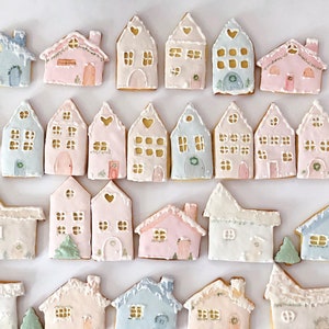 Winter Village Cookies hand painted in sweet pastels- 10 cookies (for Christmas holiday party birthday babyshower bridalshower hostess gift