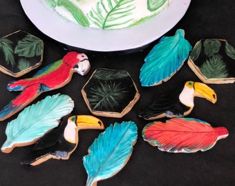 Tropical toucan, parrots feathers and palm leaves cookies - 1 Dzn (birthday, wedding favor, baby shower, bridal shower, pool party, mothers
