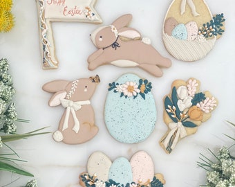 Floral Easter cookies - Set of 7 (Easter baskets, Easter egg, Easter bunny babyshower, birthday, baby announcement )