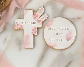 Godmother or Godfather Proposal cookies - set of 2 watercolor w/ personalized message for Baptism, First Communion and weddings