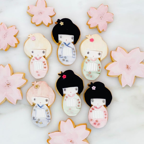 Japanese Kokeshi doll & cherry blossoms Sugar Cookies - sets of 6, 12 or 18 cookies ( birthday, Hinamatsuri girl’s Day, Mother’s Day, Japan