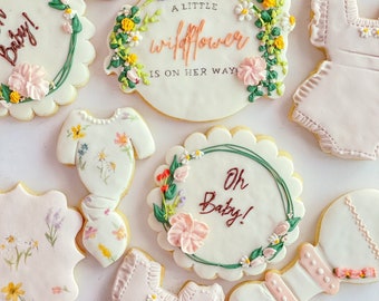Little Wildflower Baby shower Cookies - 1 Dozen (hand painted and personalized, welcome baby gift, baby gift babyshower favors)