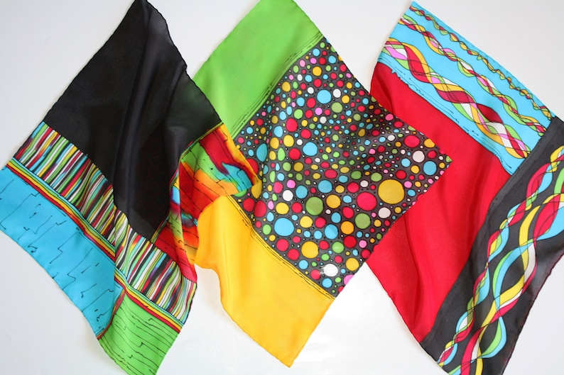 casual suit accessory for him Hand painted silk pocket square colorful hanky for men red blue black hankie art to wear handkerchief