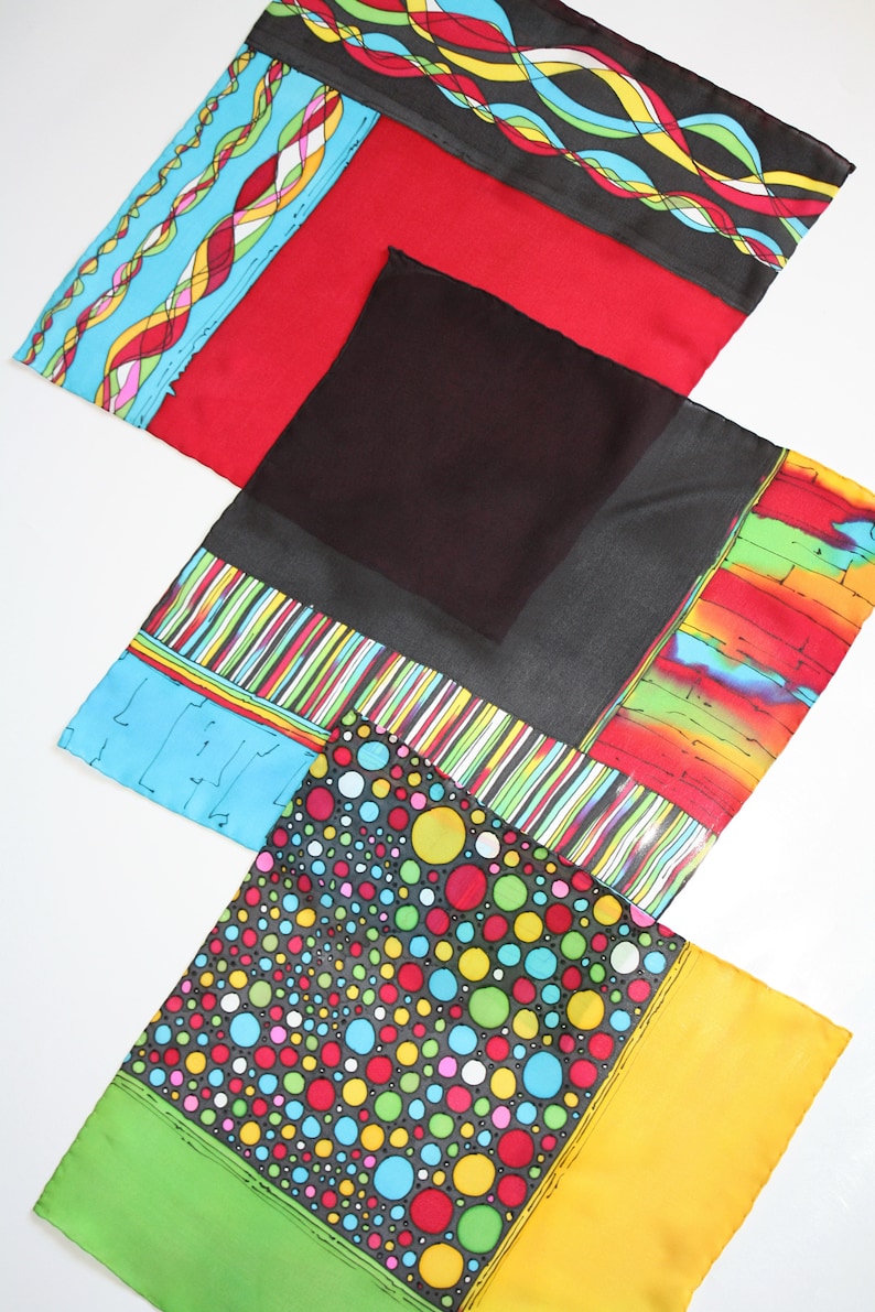 casual suit accessory for him Hand painted silk pocket square colorful hanky for men red blue black hankie art to wear handkerchief