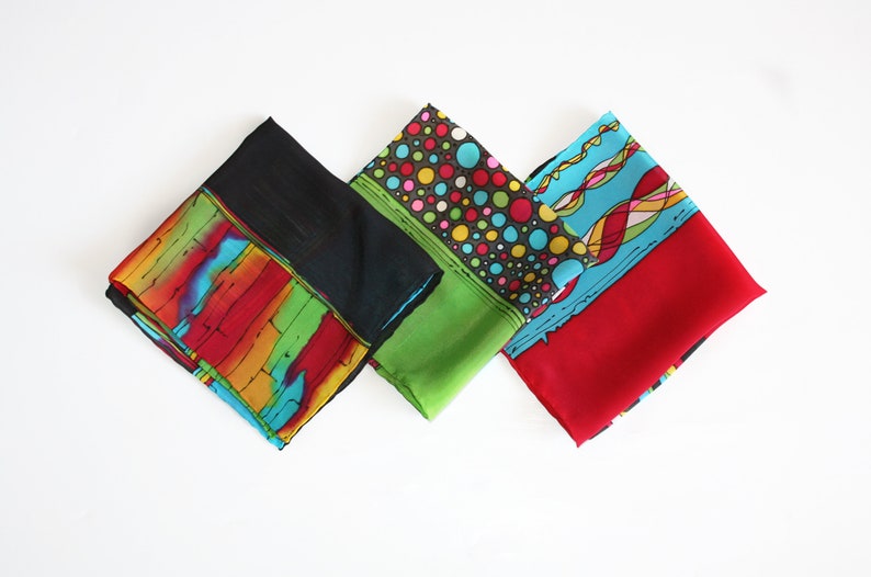 casual suit accessory for him Hand painted silk pocket square colorful hanky for men red blue black hankie art to wear handkerchief
