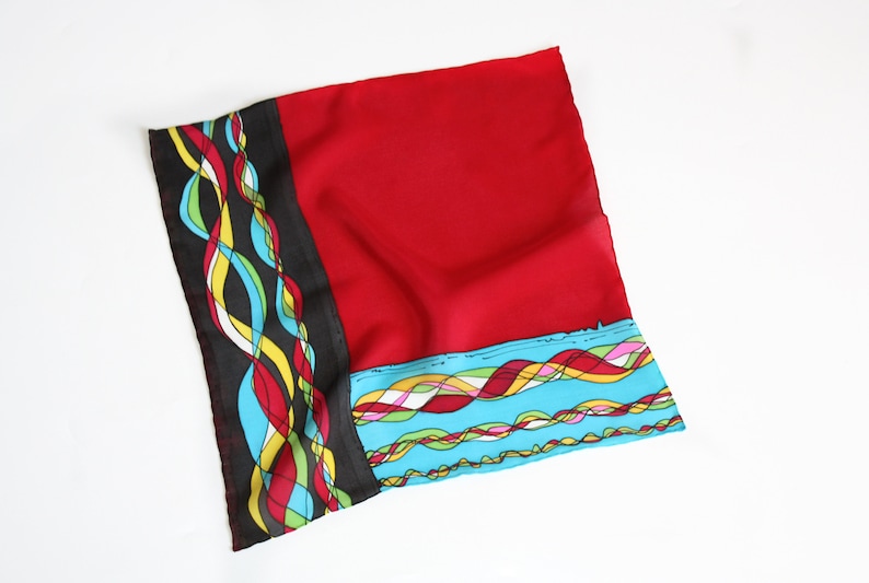 casual suit accessory for him Hand painted silk pocket square colorful hanky for men red blue black hankie art to wear handkerchief