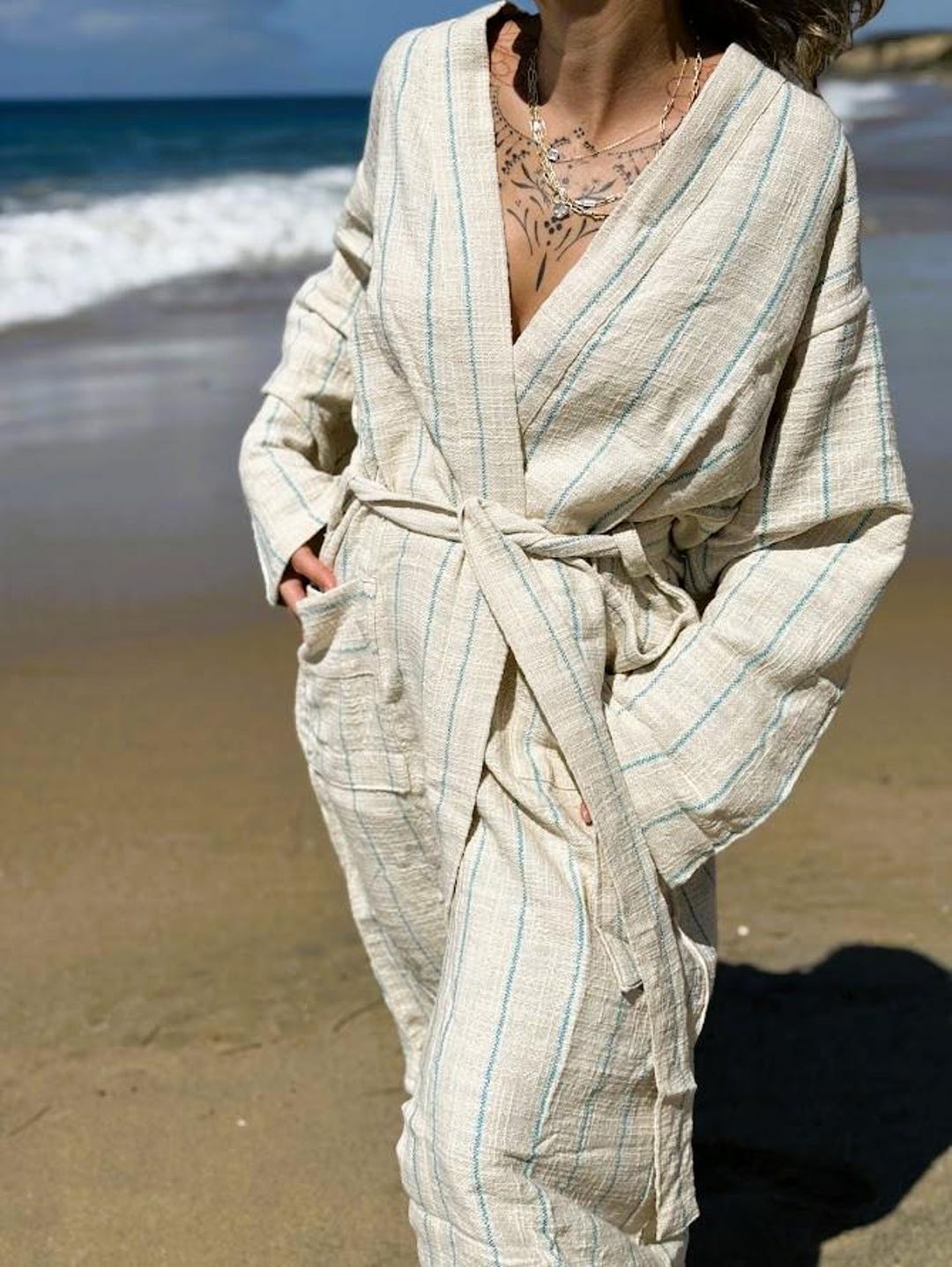 Lien Robe Blue Striped Turkish Cotton & Linen Robe: Natural Bath and Beach Cover ...