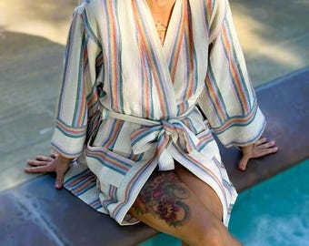 Striped Short Cotton & Linen Robe: Lightweight Bath and Beach Kimono
