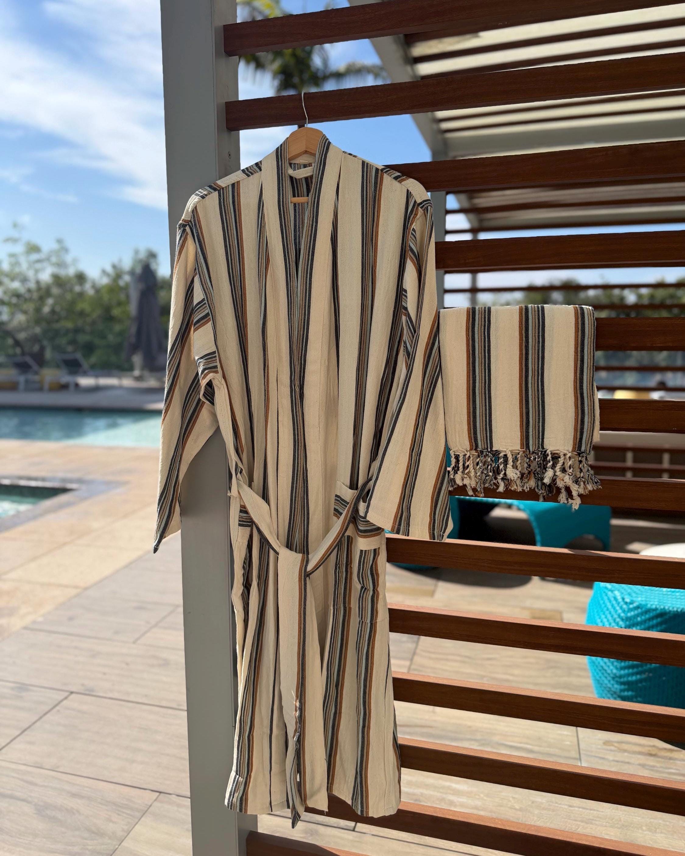 Turkish Cotton & Linen Robe - Lightweight Loungewear Bathrobe and Towel Set