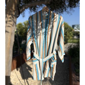 Striped Short Cotton & Linen Robe: Lightweight Bath and Beach Kimono