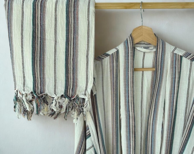 Handwoven Turkish Cotton Robe: Striped Bath and Beach Cover Up