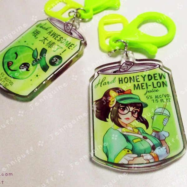 Overwátch Mei Drink Double Sided Resin Keychain - Hard Honeydew Mei-Lon - Bright Green Lobster Clasp and Soda Tab - Cocktail - 2in or 50mm