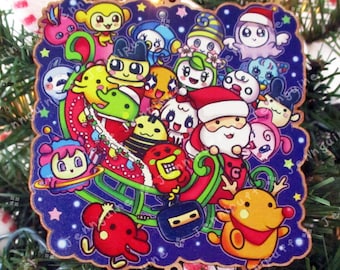 May include: A Christmas ornament featuring a cartoon Santa Claus in a sleigh with a group of colorful characters. The ornament is made of wood and has a blue background with stars.