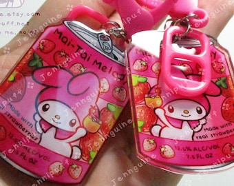 Kawaii Bunny Rabbit My Mèlody Drink Double Sided Resin Keychain - Mai-Tai Melody - Pink Finding and Soda Tab - Anime Cocktail - 2in or 50mm