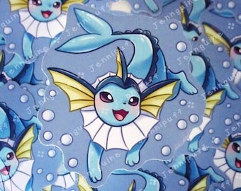 Vaporeon Blue 3in Die-Cut Vinyl Sticker PKMN Water Type Eeveelution Swimming Underwater Kawaii Cute Pokemone Pokeman Gift Present 3x3in