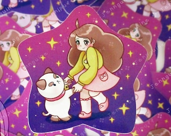 Bee and Puppycat Dancing Together 3in Die-Cut Vinyl Sticker Cute Kawaii Pink Purple Stars Decal 3x3in Star-Shaped