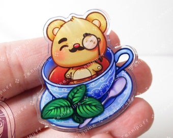 TedTea Bear Earl Grey Black Tea Double-Sided Double-Walled Recycled Acrylic 40mm 1.5in Pin with Black Rubber Clutch Original Character