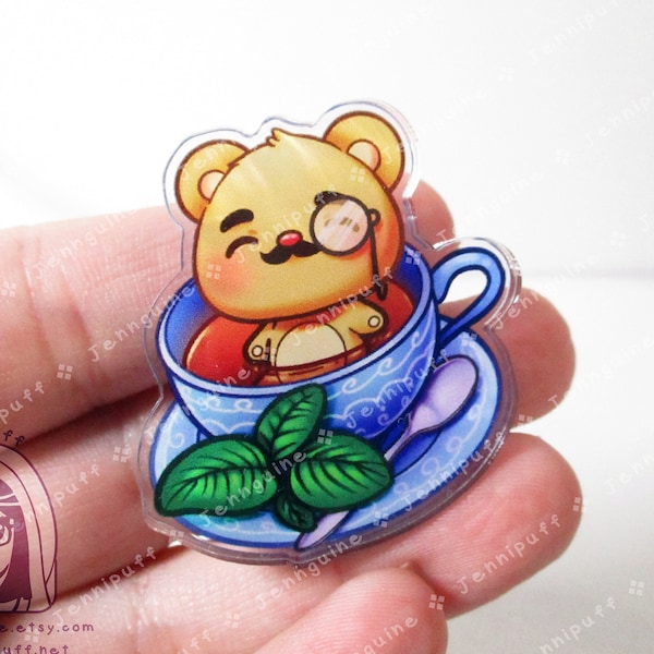 TedTea Bear Earl Grey Black Tea Double-Sided Double-Walled Recycled Acrylic 40mm 1.5in Pin with Black Rubber Clutch Original Character