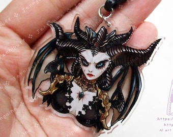 Blessed Mother Lilith Double Sided 2in Acrylic Keychain with Black Plastic Finding, Diabl0 4 D4 Succubus Villain Daughter of Hatred