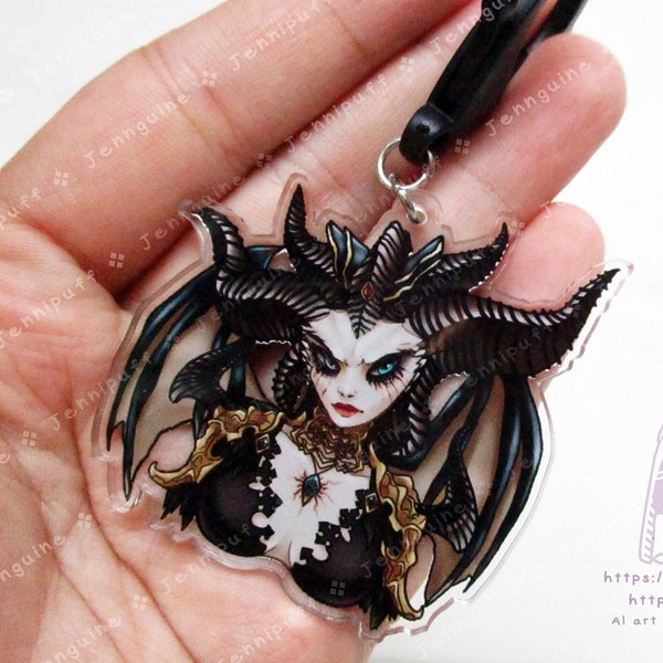 Blessed Mother Lilith Double Sided 2in Acrylic Keychain with Black Plastic Finding, Diabl0 4 D4 Succubus Villain Daughter of Hatred