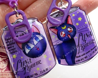 Luna Cat Saílor Móon Drink Double Sided Resin Keychain - Luna Liqueur - Purple Finding and Purple Soda Tab - Anime Cocktail - 2in or 50mm