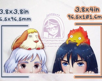 Hówl and Sophie Móving Castle Ghíblí 4in Peeker Peeking Sticker Die-Cut Decal Cute Kawaii Anime Gift Peek Calcífer - Convention prep stock