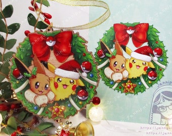 Pikachu Eevee PKMN Wreath Wooden Christmas Ornament | Includes 4x6in Print | Holiday Cute Kawaii Decor Wooden Christmas Ornament