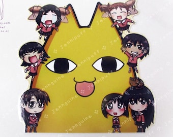 May include: A yellow sticker featuring a cartoon cat face with large eyes and a protruding tongue. Surrounding the cat are several small cartoon figures in red and black outfits. The sticker has the text "Jennipuff" repeated around the edges.