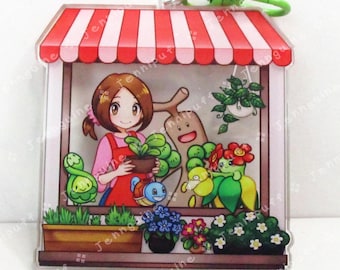 Flower Shop Lady and Grass PKMN | Oversize Double Sided 3in Acrylic Keychain | Gift for Poke and Anime Fan Nerd Kawaii Video Game TCG