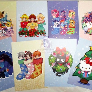 May include: A set of eight Christmas-themed cards featuring various cartoon characters. The cards are printed on white cardstock and feature a variety of colours and designs. The characters include Pokemon, Mario, My Little Pony, Hello Kitty, and others.
