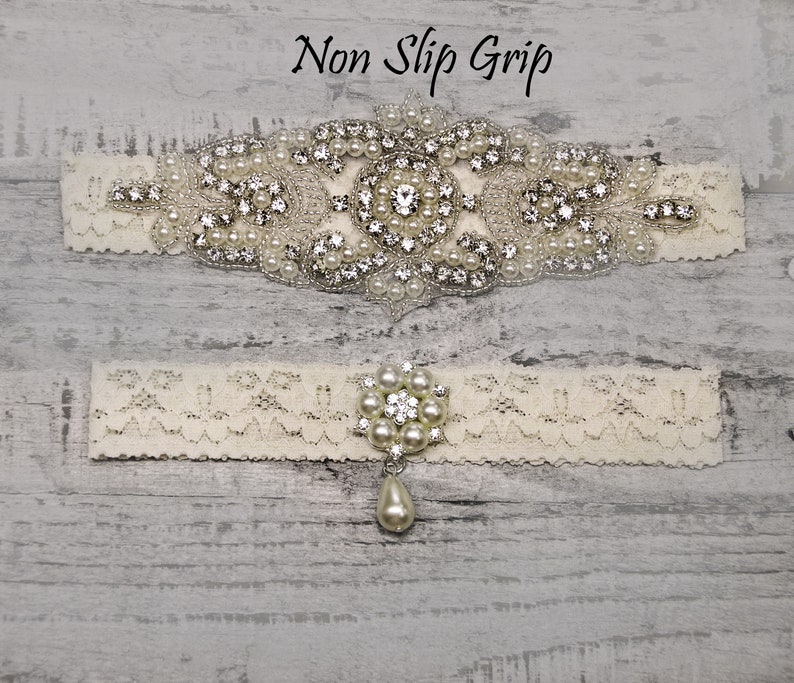 Garter Bridal Garter Heirloom Wedding Garter Crystal Bridal Garter Set Vintage Inspired Ivory Wedding Stretch Lace Garter