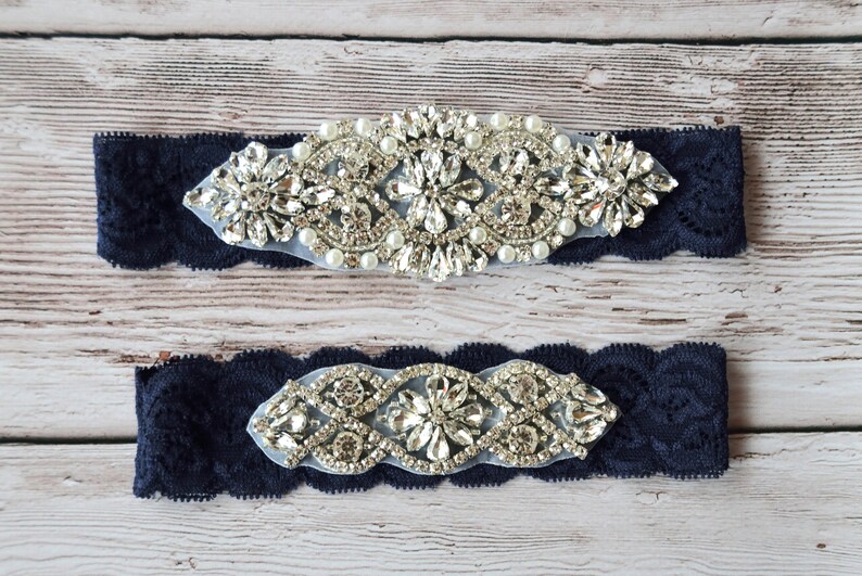 Navy Blue Wedding Garter pearl and rhinestone garter set bridal garter set NO Slip Lace Wedding Garter Set Style A2015