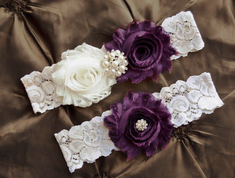 Rustic Garter Garter Wedding Bridal Garter Belt Ivory Lace Garter Shabby Chiffon Rosette PLUM /& IVORY Wedding Garter Country Garter