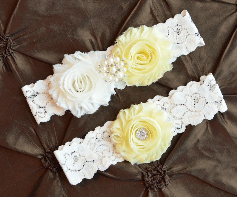 Wedding Garter Ivory Garter Keepsake Garter Toss Garter Ivory Lace Garter Bridal Garter Set Shabby Chiffon Light Yellow Wedding Garter