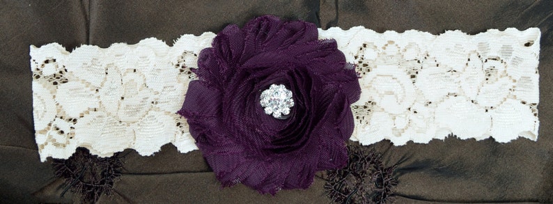 Plum Wedding Garter Bridal Garter Set Toss Garter Ivory Lace Garter Keepsake Garter Shabby Chiffon Rosette Plum /& Gray Wedding