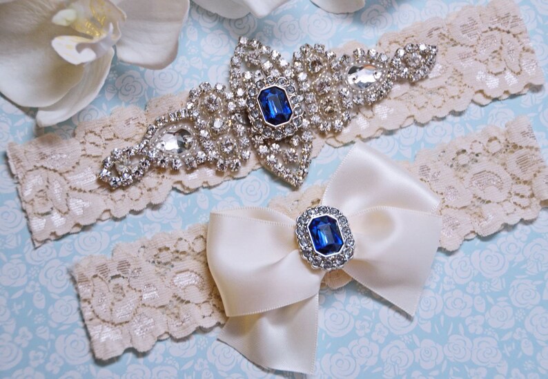 Vintage Blue Wedding Garter Bridal Garter Crystal Bridal Garter Set Ivory Garter w Navy Rh Vintage Inspired Wedding Lace Garter