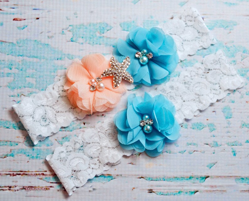 Light Peach and Turquoise Garter Set Lace Garter Blue Wedding Garter Bridal Garter Wedding Garter Toss Garter Keepsake Garter
