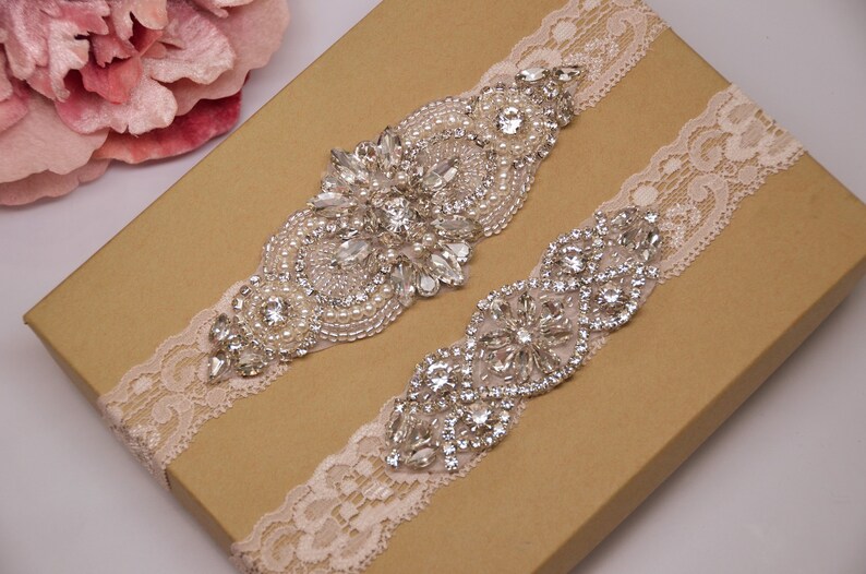 Rhinestone /& Pearl Bridal Garter Set Something Blue Bridal Garter Belt Vintage Style Bridal Garter with Blue Pearl Wedding Garter Blue