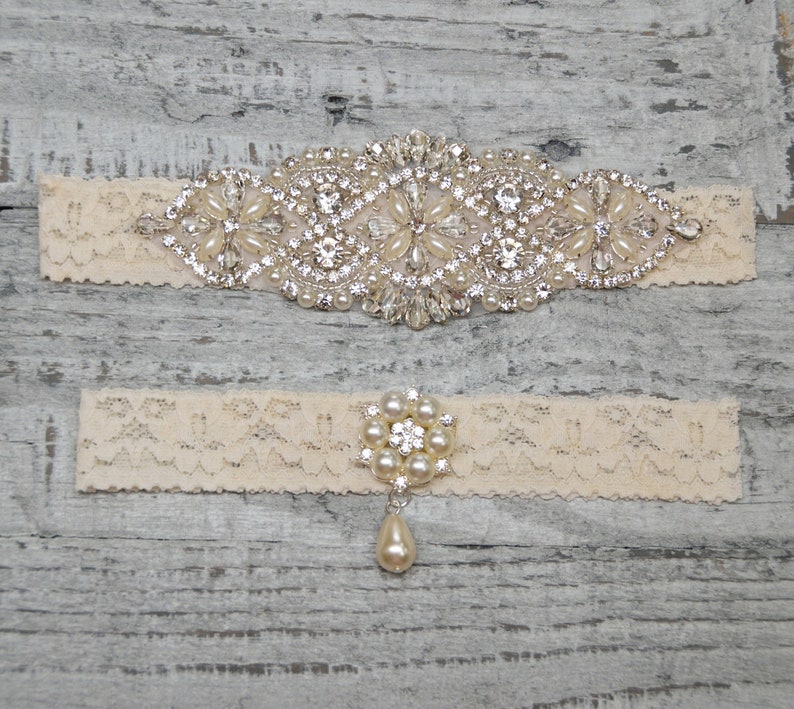 Garter Bridal Garter Heirloom Wedding Garter Crystal Bridal Garter Set Vintage Inspired Ivory Wedding Stretch Lace Garter