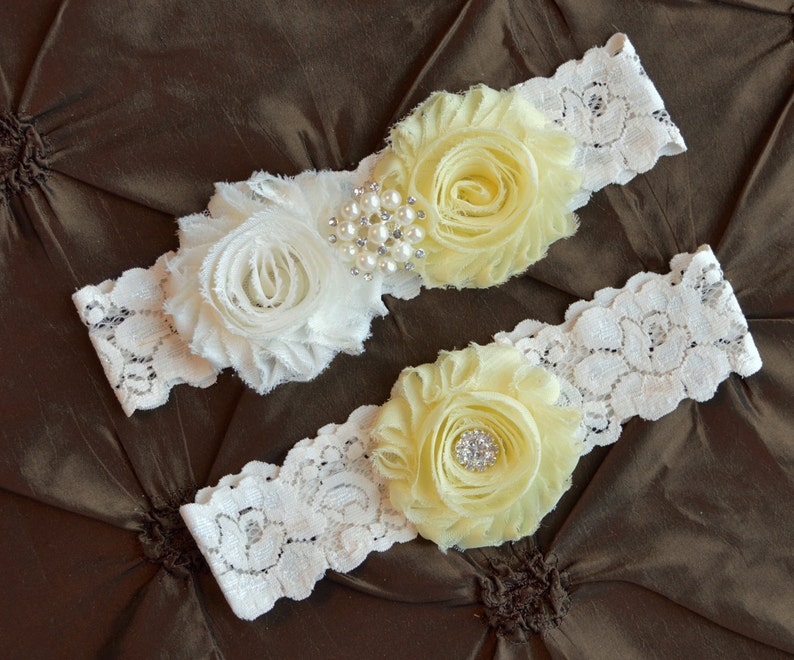 Wedding Garter Ivory Garter Keepsake Garter Toss Garter Ivory Lace Garter Bridal Garter Set Shabby Chiffon Light Yellow Wedding Garter