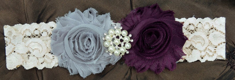Plum Wedding Garter Bridal Garter Set Toss Garter Ivory Lace Garter Keepsake Garter Shabby Chiffon Rosette Plum /& Gray Wedding