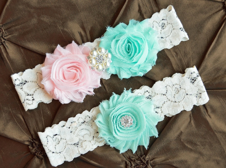 Pink Garter Light Pink and Mint Garter Set Bridal Garter White Lace Wedding Garter Wedding Garte ON SALE Wedding Garter Mint Garter
