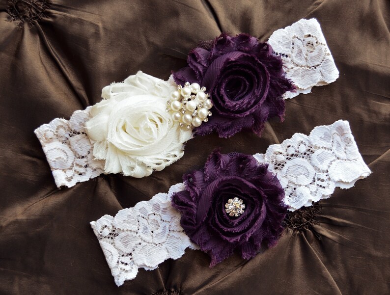 Ivory Lace Garter Garter Bridal Toss Garter Keepsake Garter Garter Wedding Shabby Chiffon Rosette Ivory Plum Wedding Garter Set