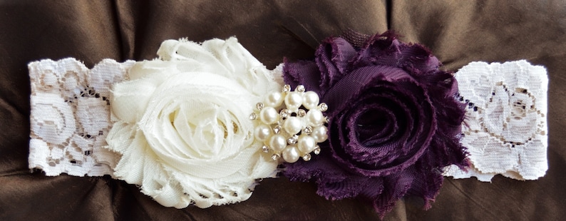 Ivory Lace Garter Garter Bridal Toss Garter Keepsake Garter Garter Wedding Shabby Chiffon Rosette Ivory Plum Wedding Garter Set