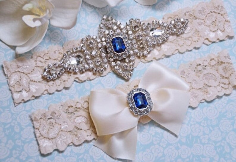 Vintage Blue Wedding Garter Bridal Garter Crystal Bridal Garter Set Ivory Garter w Navy Rh Vintage Inspired Wedding Lace Garter