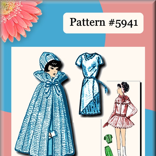 Knitted Cape, Hat & Diagonal Neck Dress Pattern #5941 Made For Vintage Barbie Doll Clothes Wardrobe