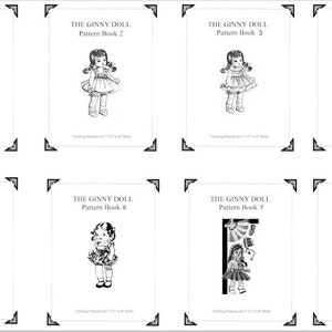 May include: Eight black and white images of doll clothing patterns. Each image features a doll wearing a different outfit and the text "The Ginny Doll Pattern Book" followed by a number from 1 to 8.