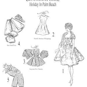 Könnte beinhalten: Eine Schwarzweißillustration einer Frau, die verschiedene Outfits für verschiedene Aktivitäten trägt. Die Outfits beinhalten ein Kleid zum Einkaufen, ein Kleid zum Essen und Tanzen, ein gestreiftes Hemd und Shorts zum Radfahren, ein gestreiftes Hemd zum Tennisspielen und ein Kleid für Sonne und Spaß. Der Text "Glamour Girl Holiday in Palm Beach" befindet sich oben im Bild.