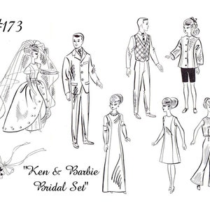 May include: Black and white line drawing illustration of a wedding scene with a bride and groom, a bouquet of flowers, and four additional figures. The text "#173" and "Ken & Barbie Bridal Set" are included in the image.